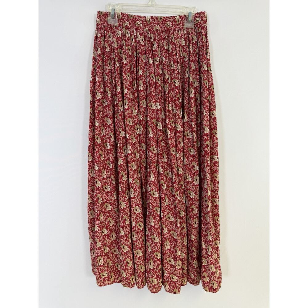 Talbots VTG Pull On Midi Skirt Womens PS Floral Red Rayon Pleated‎ USA Sz